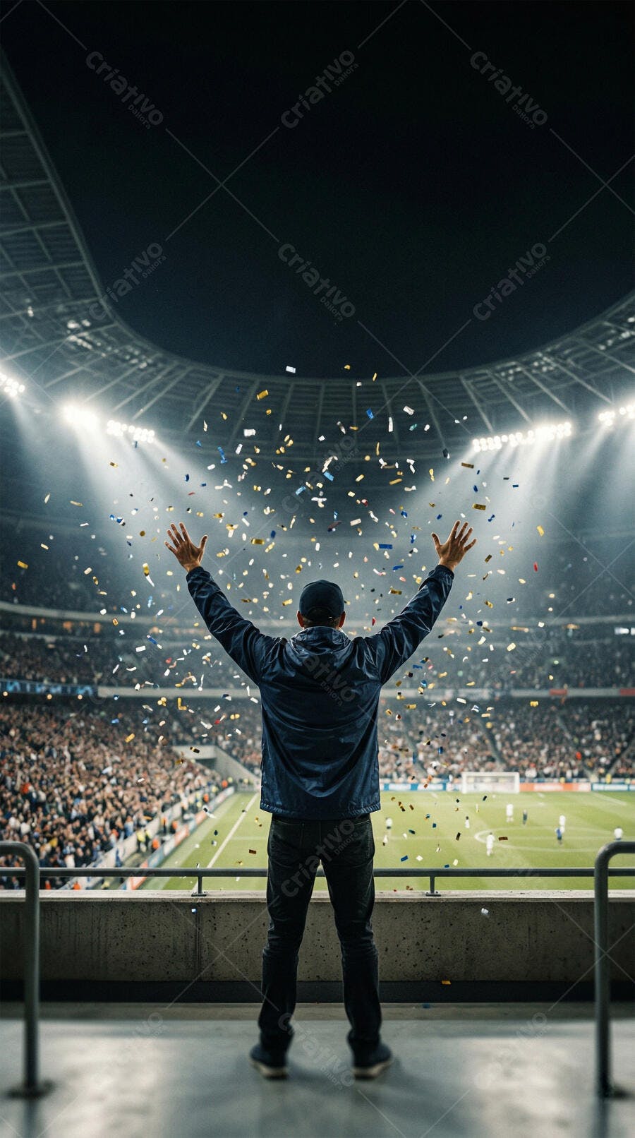 Foto Homem Celebrando Vitória Estádio Futebol Confetes