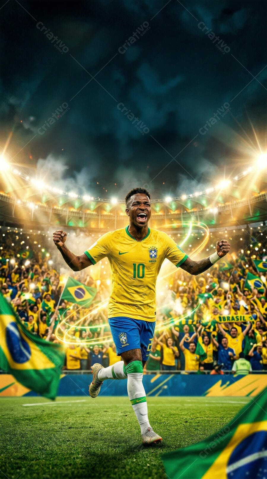 Foto Jogador Futebol Brasileiro Vini Jr Celebrando Gol Estádio Torcida