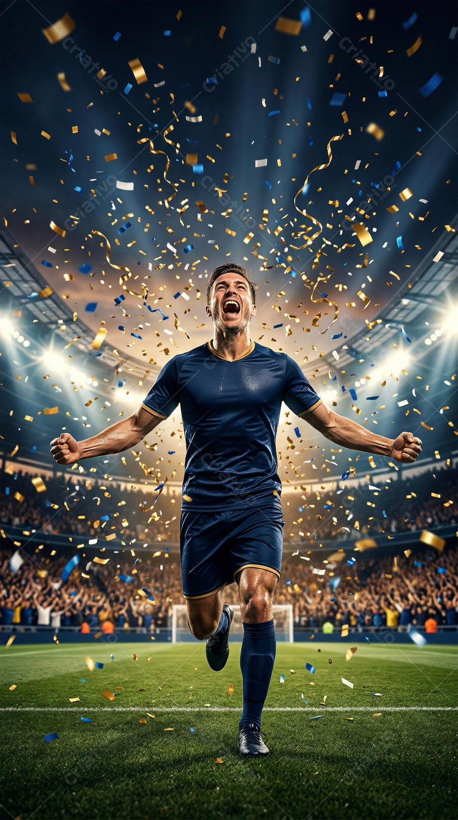 Foto Jogador Futebol Celebrando Vitória Estádio Confetes