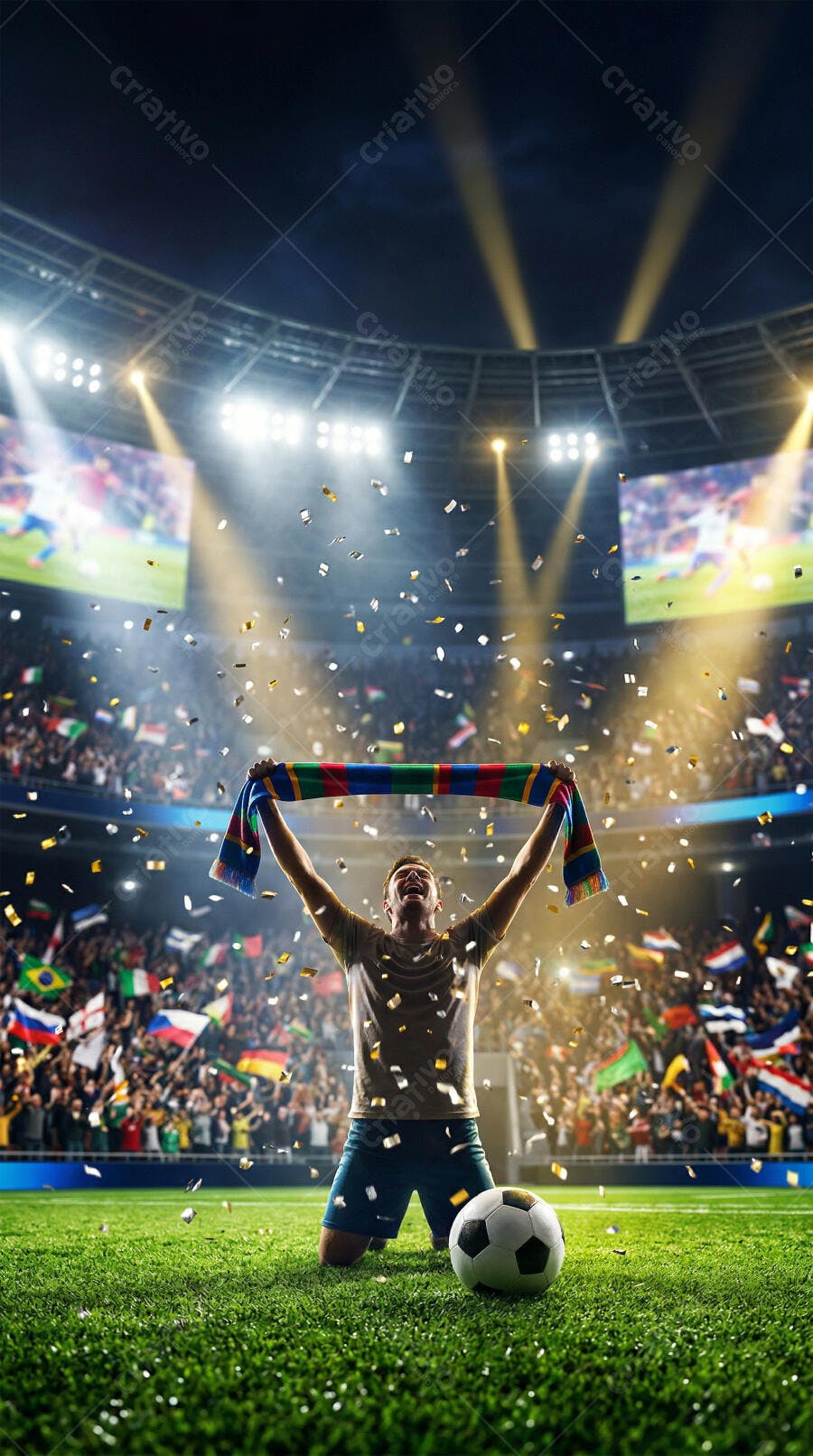 Foto Jogador Futebol Celebrando Vitória Estádio Lotado Confetes