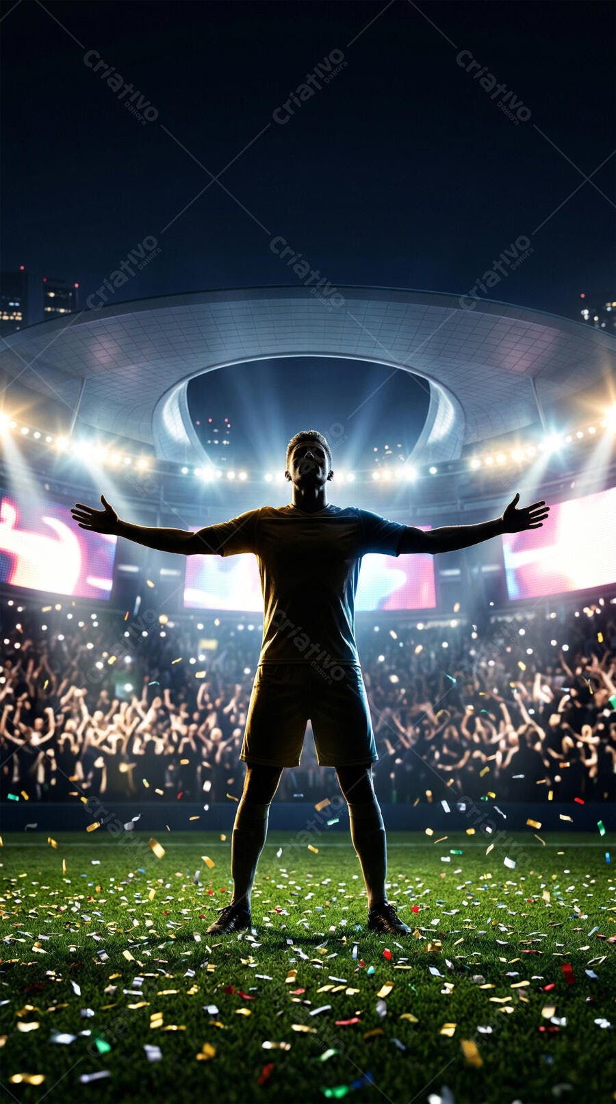 Foto Jogador Futebol Celebrando Vitória Estádio Lotado Confetes