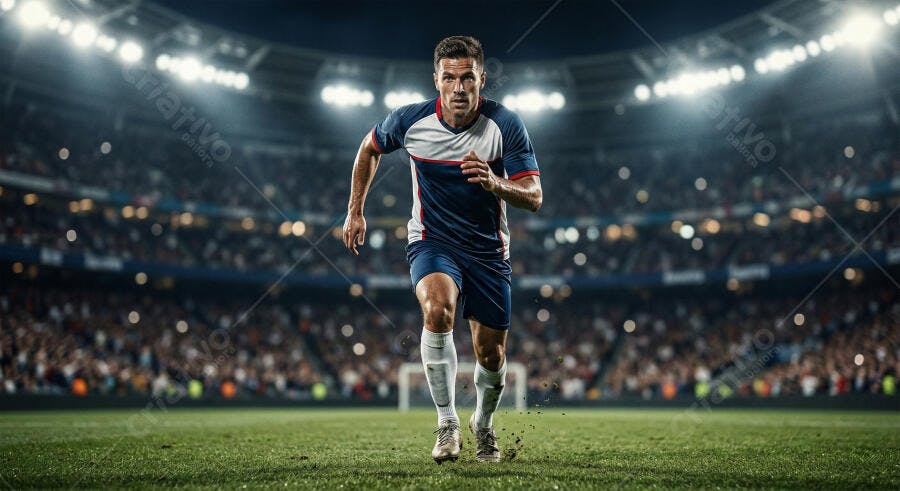 Foto Jogador Futebol Correndo Campo Estádio Iluminado