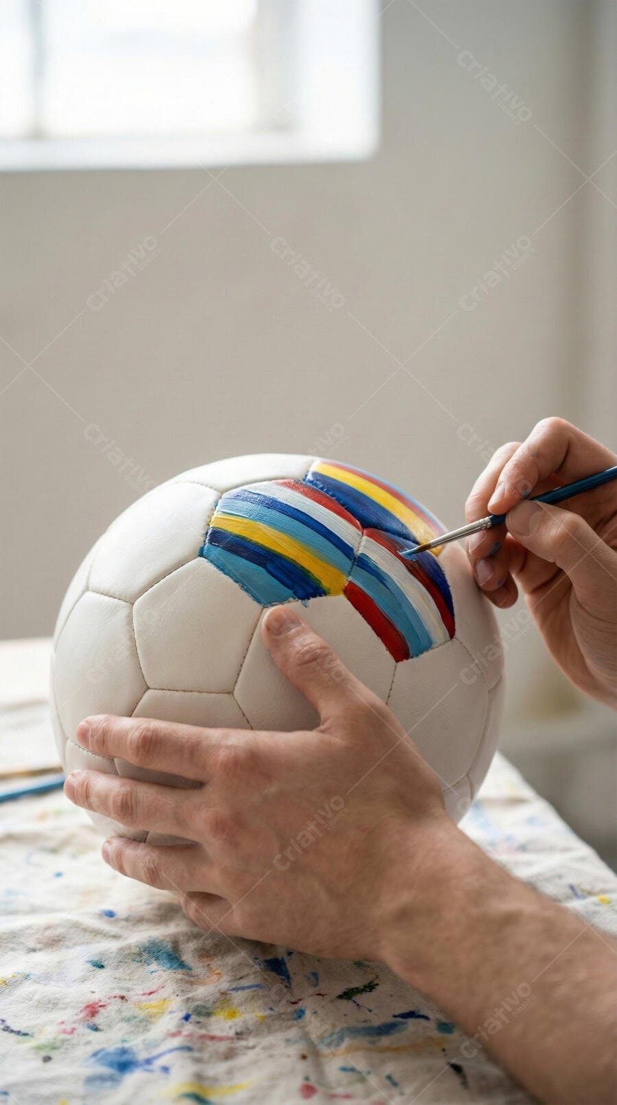 Foto Mãos Pintando Bola de Futebol Cores Vibrantes Artesanato