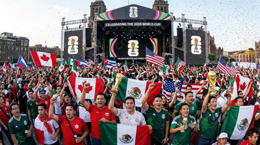 Foto Multidão Celebrando Copa do Mundo com Bandeiras México
