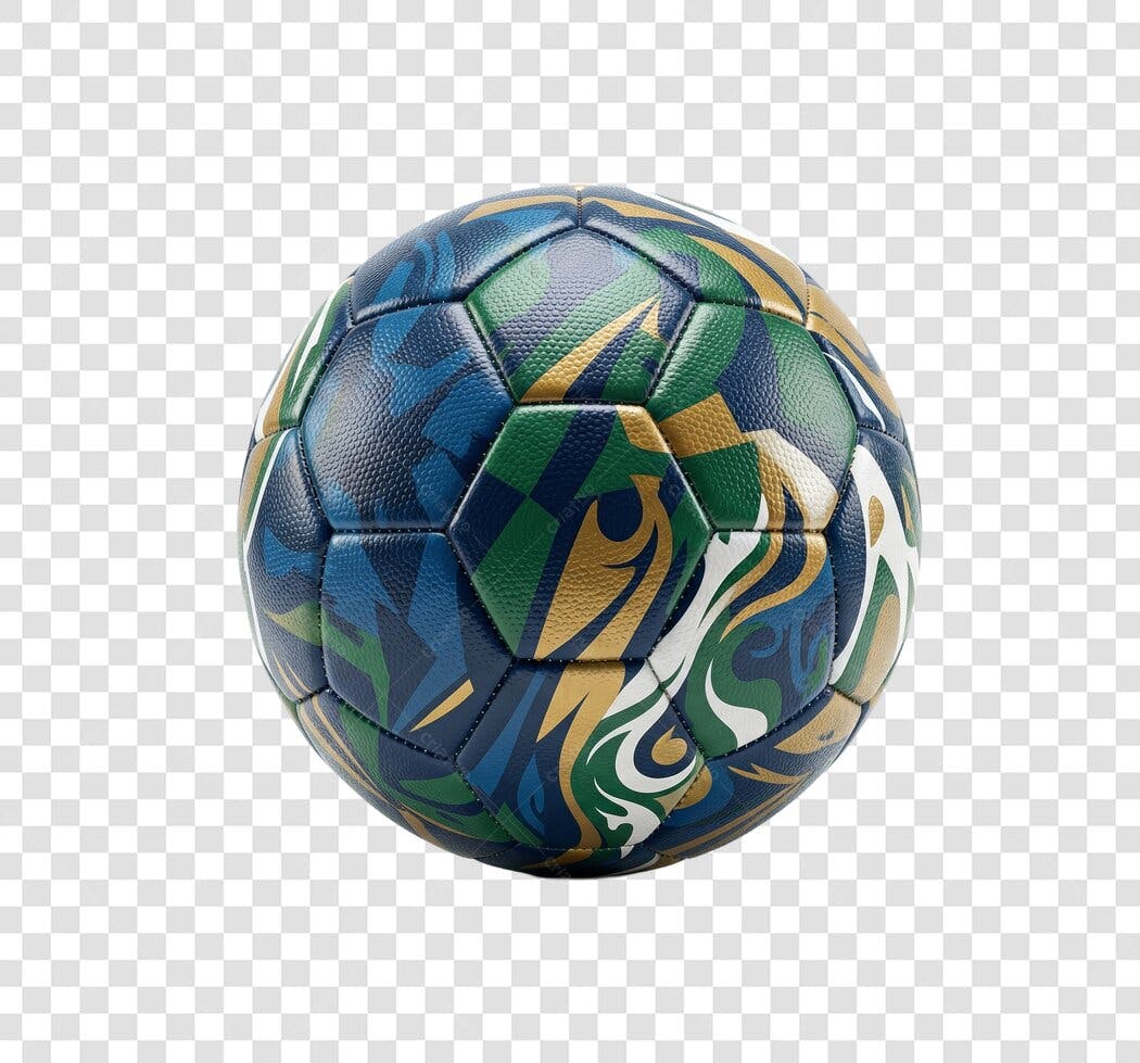 Foto Recortada Bola de Futebol Hexagonal Verde Azul Dourado PNG Fundo Transparente