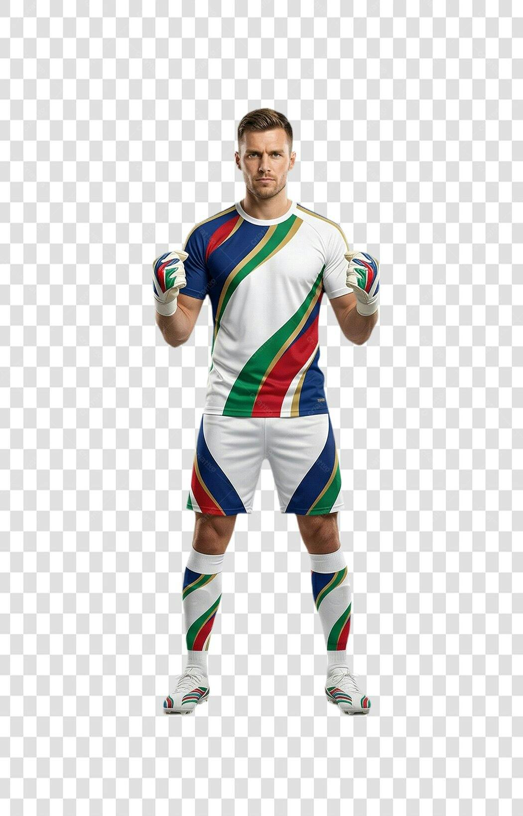 Foto Recortada Goleiro Futebol Uniforme Branco Azul Vermelho PNG Fundo Transparente