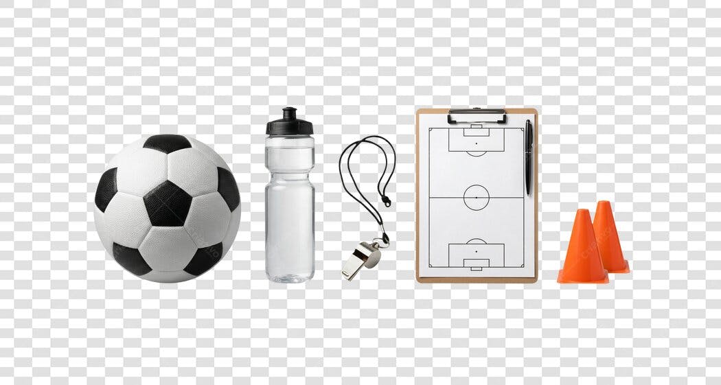 Foto Recortada Itens Futebol Bola Garrafa Prancheta PNG Fundo Transparente