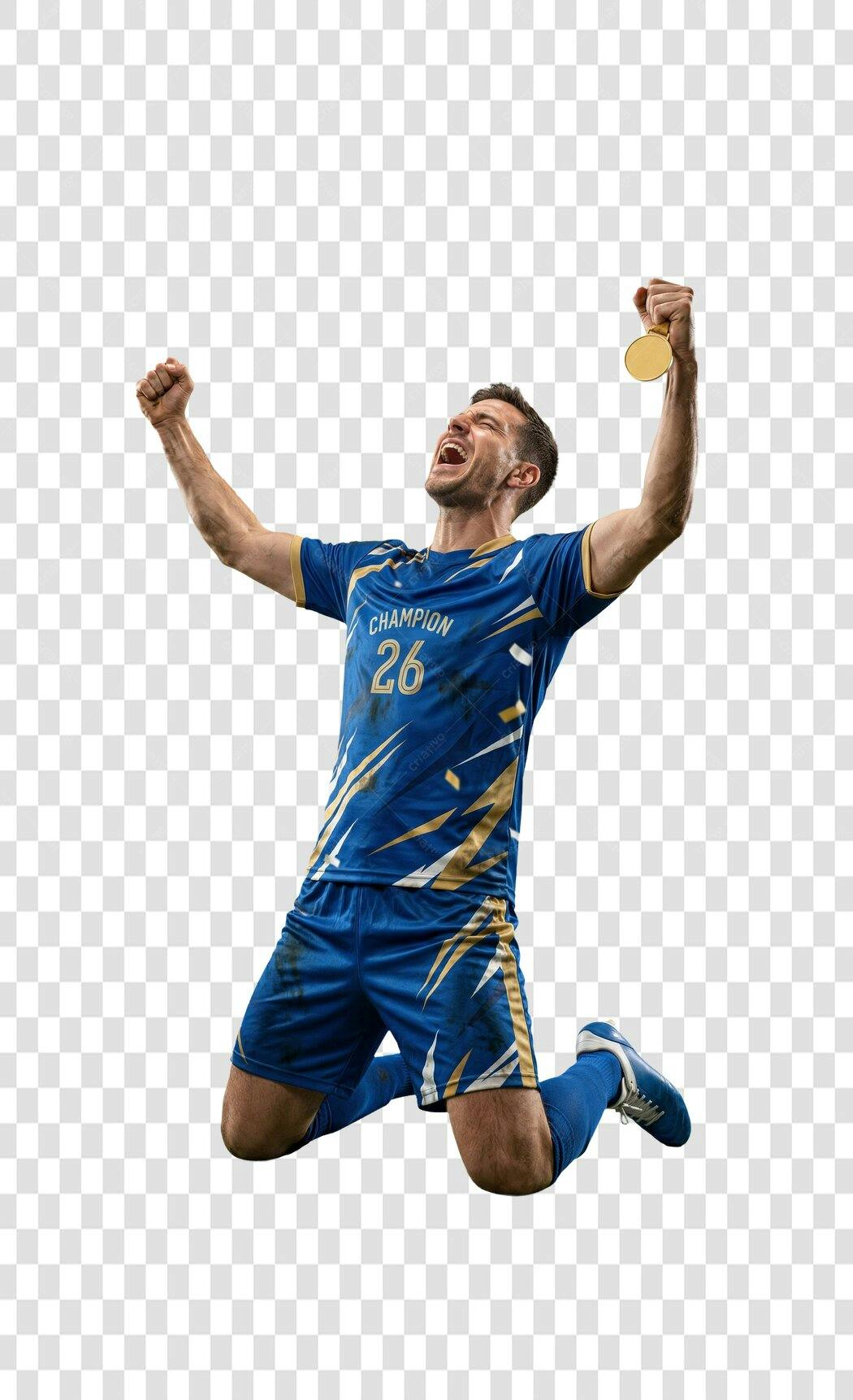 Foto Recortada Jogador Futebol Campeão Medalha PNG Fundo Transparente