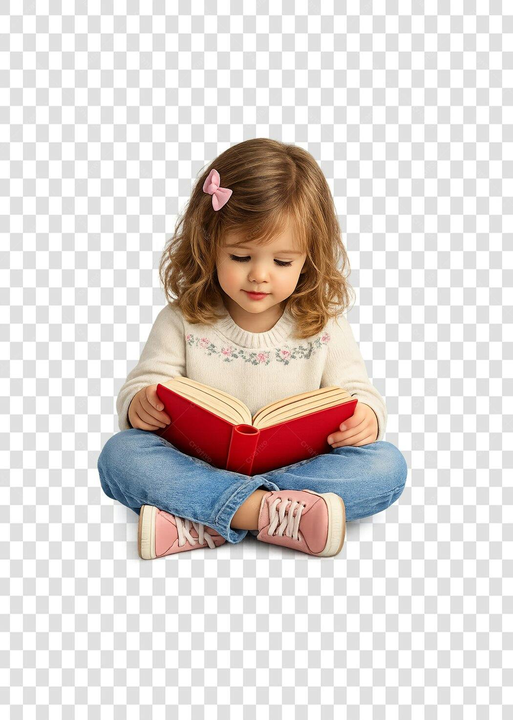 Foto Recortada Menina Criança Lendo Livro Vermelho PNG Fundo Transparente