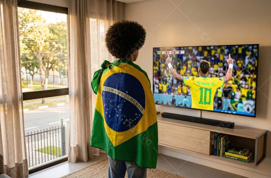 Foto Torcedor Brasileiro Assistindo Jogo Futebol Copa do Mundo TV