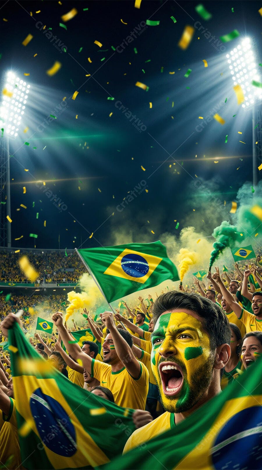 Foto Torcedor Brasileiro Pintado Rosto Gritando Estádio Futebol