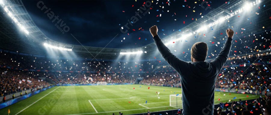 Foto Torcedor Celebrando Vitória Estádio Futebol Confetes Noturno