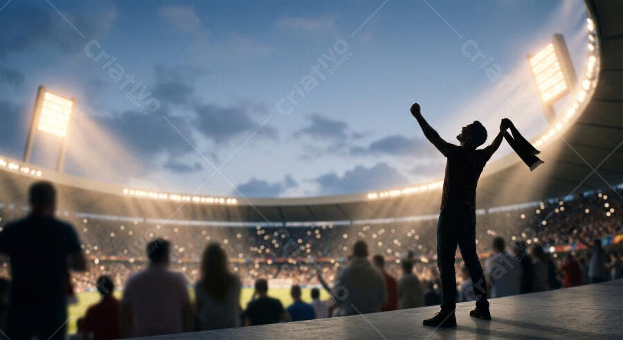 Foto Torcedor Celebrando Vitória Estádio Futebol Lotado Noite