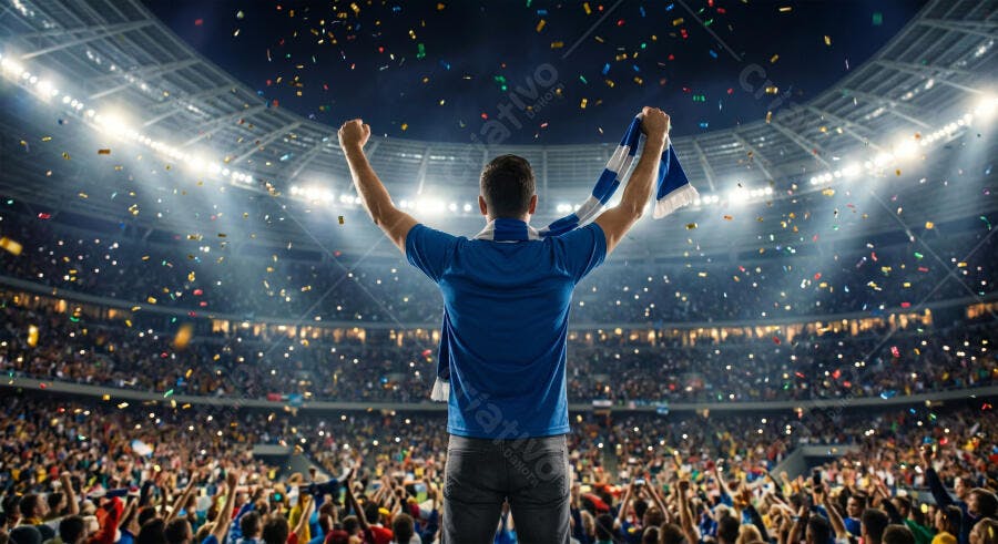 Foto Torcedor Homem Celebrando Vitória Estádio Futebol Confetes