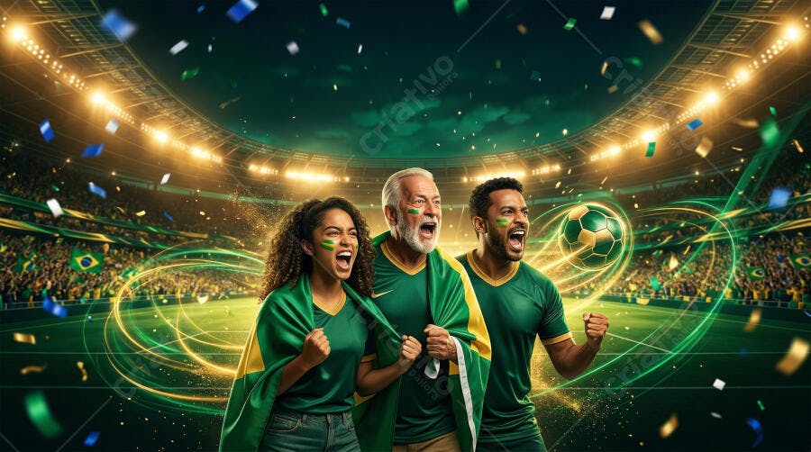 Foto Torcedores Brasileiros Celebrando Futebol Estádio Iluminado