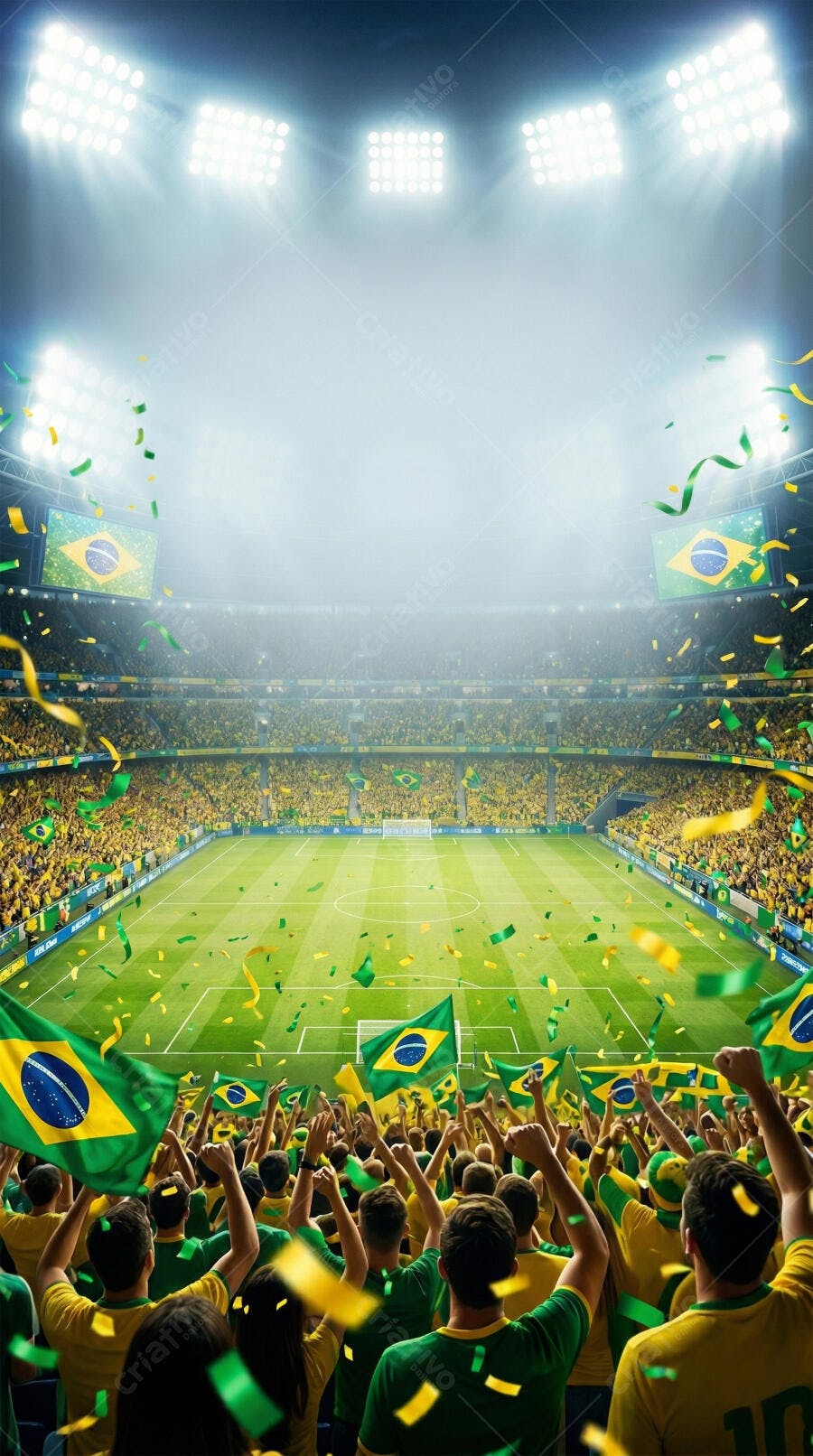 Foto Torcida Brasileira Celebrando Estádio Futebol Confetes