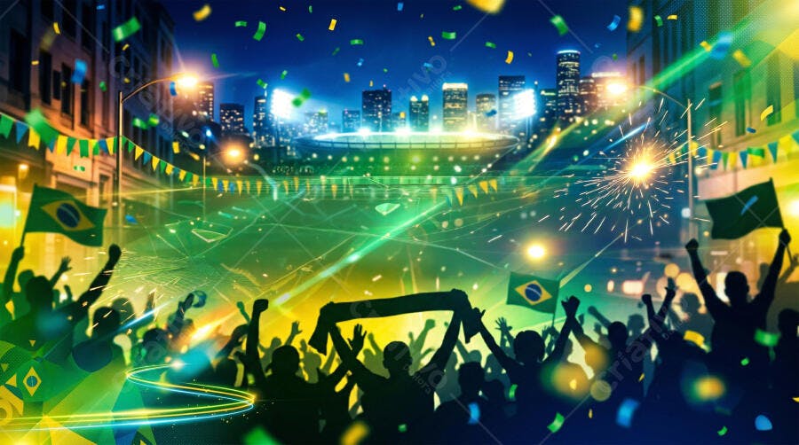 Foto Torcida Brasileira Celebrando Vitória Fundo Cidade Noturna