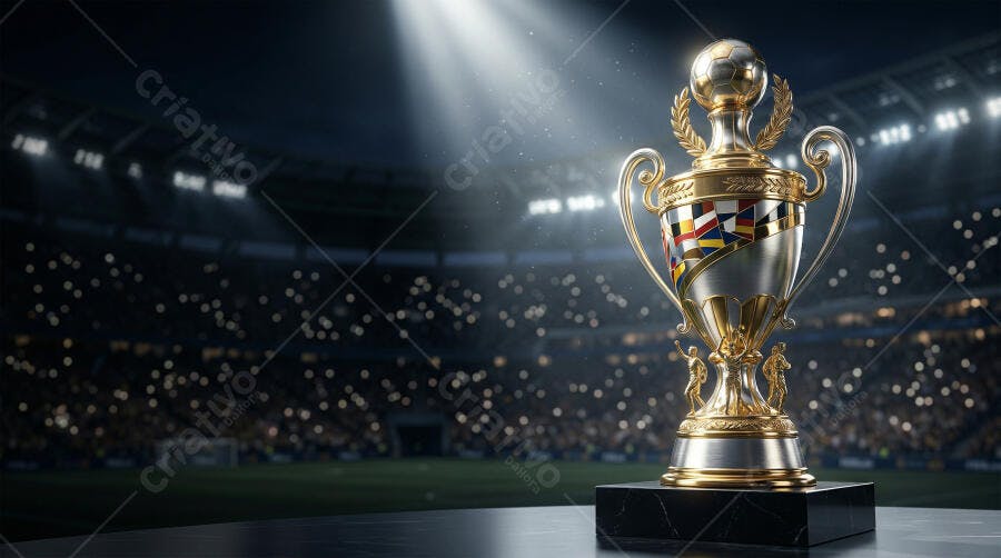 Foto Troféu Dourado Estádio Iluminado Noturno Foco no Prêmio