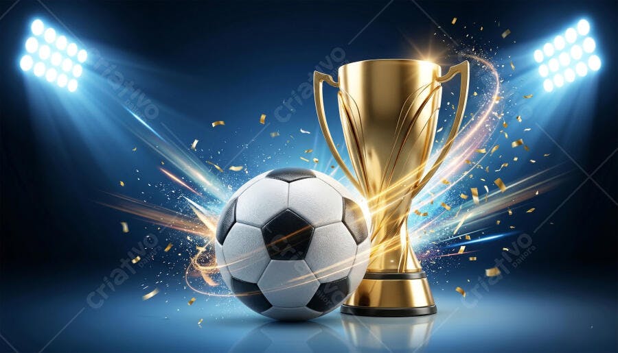 Foto Troféu Futebol Bola Campo Iluminado Foco Azul