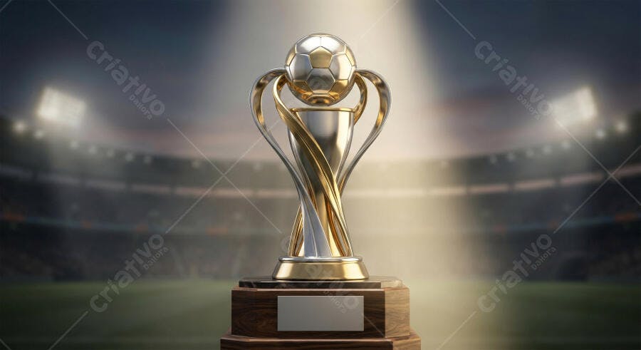 Foto Troféu Futebol Dourado Estádio Iluminado Foco Central