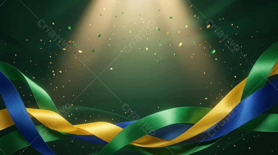 Fundo Brasil Fitas Verdes Azuis Amarelas Confetes Dourados