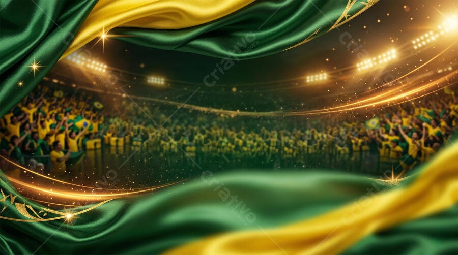Fundo Estádio Futebol Torcida Brasileira Luzes Douradas Seda Verde Amarela