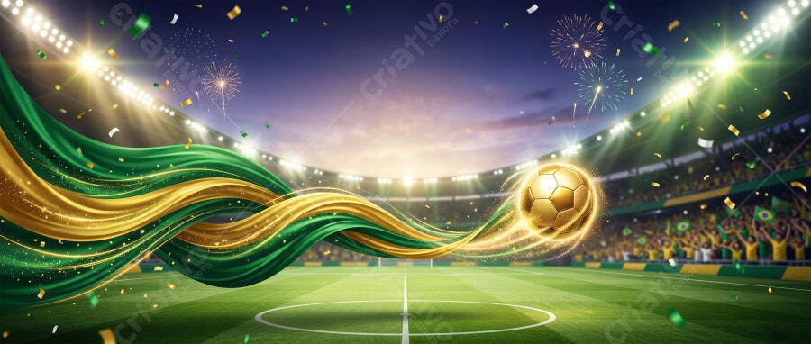 Fundo Futebol Estádio Bola Ouro Faixa Brasil Confetes