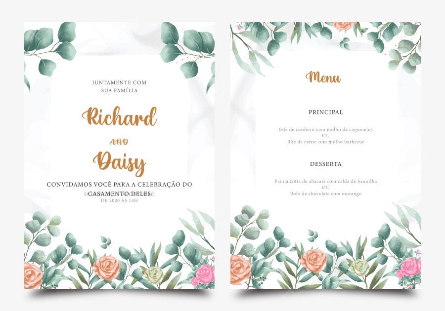 Ilustração Vetorial Convite Casamento Floral Aquarela