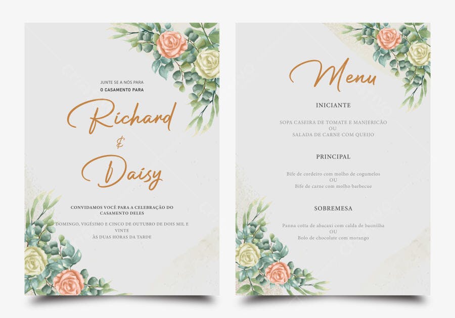 Ilustração Vetorial Convite Casamento Floral Aquarela Rosas