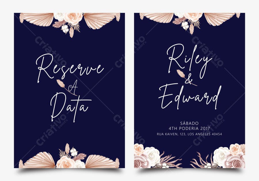 Ilustração Vetorial Convite Casamento Floral Boho Azul Marinho