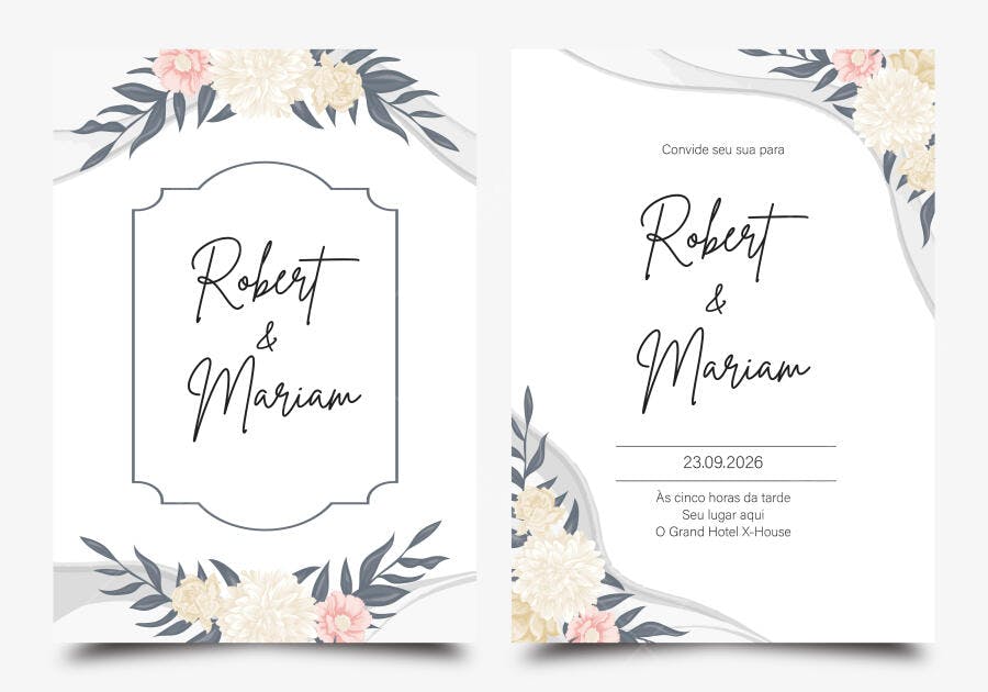 Ilustração Vetorial Convite Casamento Floral Minimalista