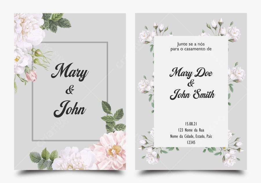 Ilustração Vetorial Convite Casamento Floral Rosas Brancas