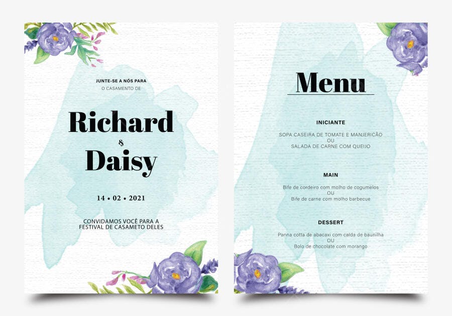 Kit Convite e Menu Casamento Aquarela Floral Roxo