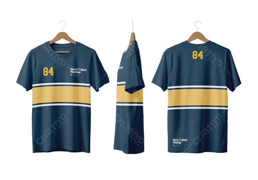 Mockup Camiseta Masculina Azul e Amarela Frente Verso Lateral Editável