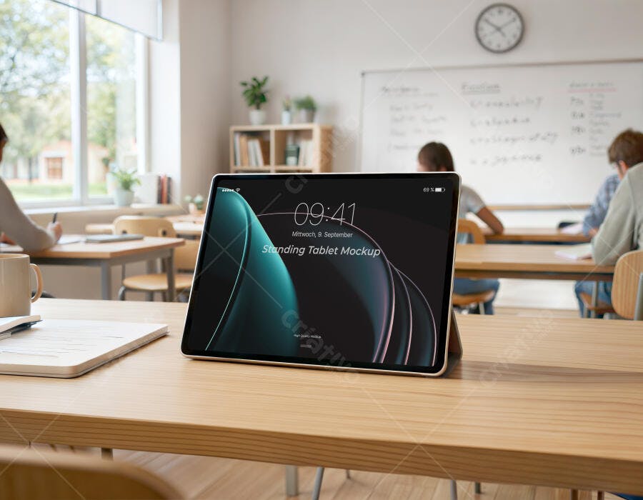 Mockup Tablet Tela Horizontal Sala de Aula Editável