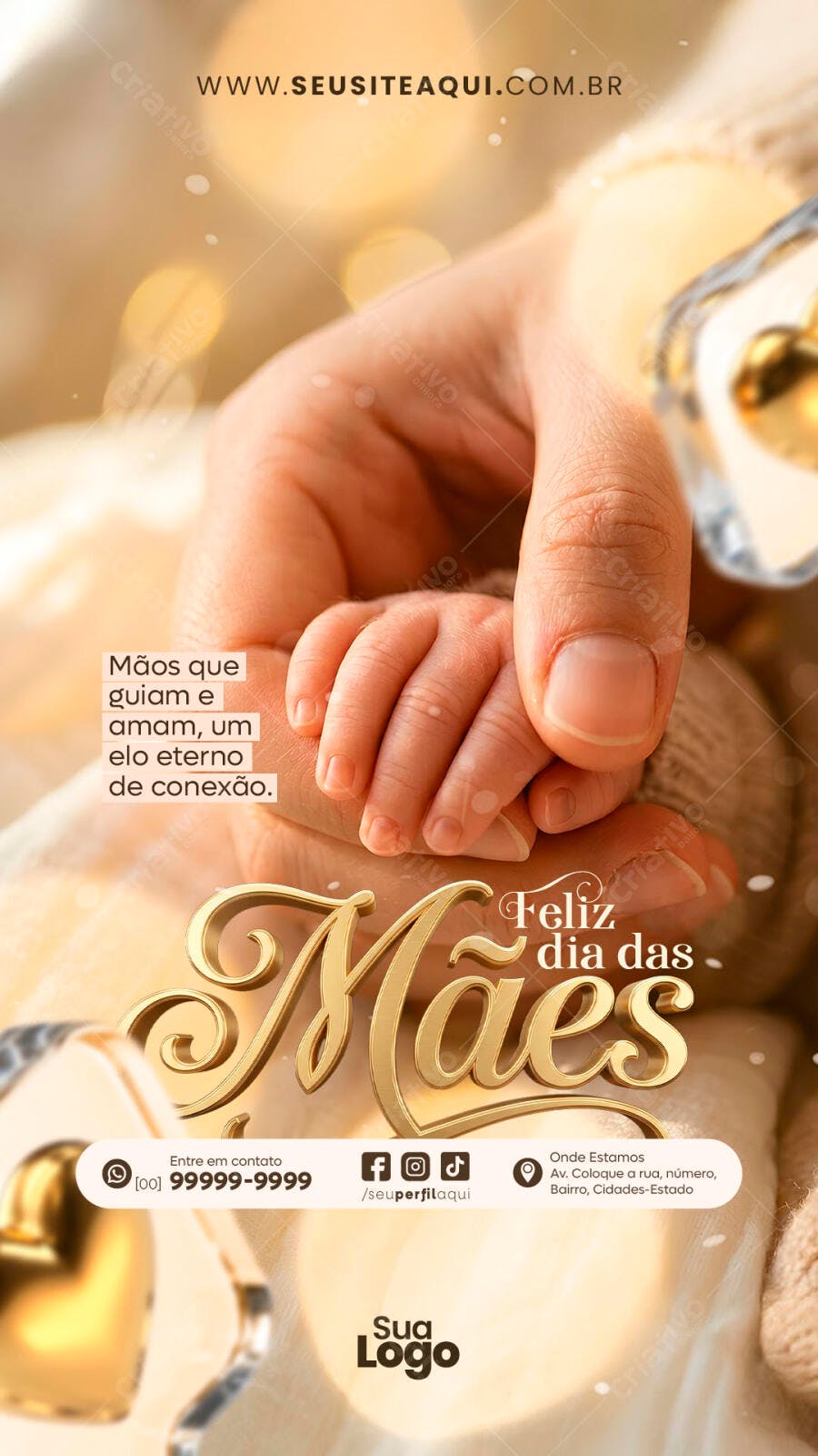 Story Dia das Mães Mãos de Bebê Dourado PSD Editável