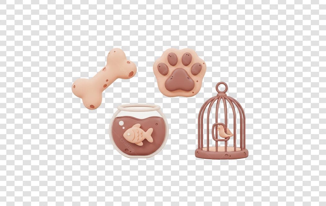 Elemento 3D Acessórios Pet Shop Osso Pata Aquário Gaiola PNG Fundo Transparente