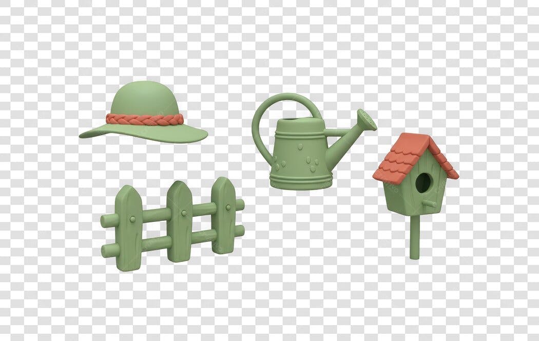 Elemento 3D Chapéu Regador Cerca Casa Pássaros Jardim PNG Fundo Transparente