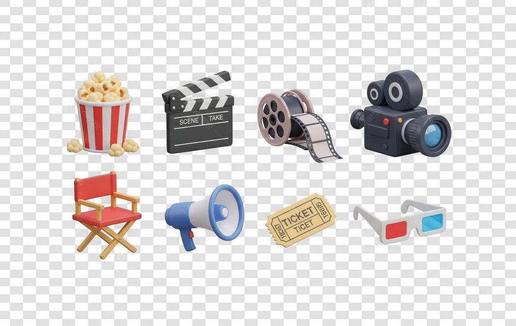 Elemento 3D Cinema Pipoca Claquete Câmera PNG Fundo Transparente