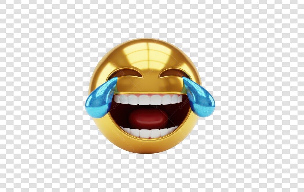 Elemento 3D Emoji Chorando de Rir Dourado PNG Fundo Transparente