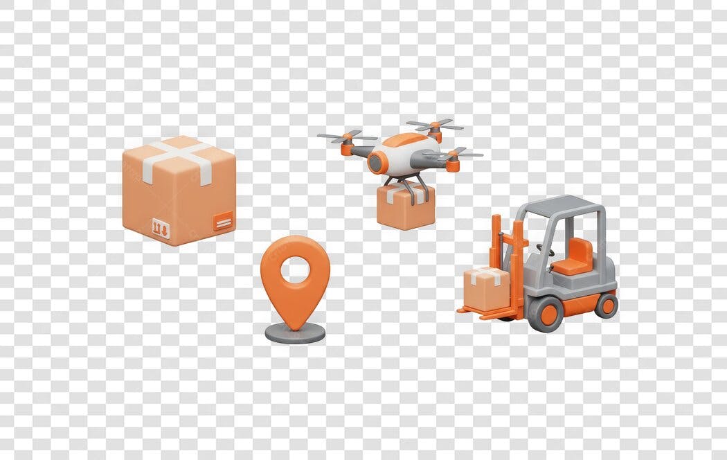 Elemento 3D Entrega Logística Pacote Drone Empilhadeira PNG Fundo Transparente