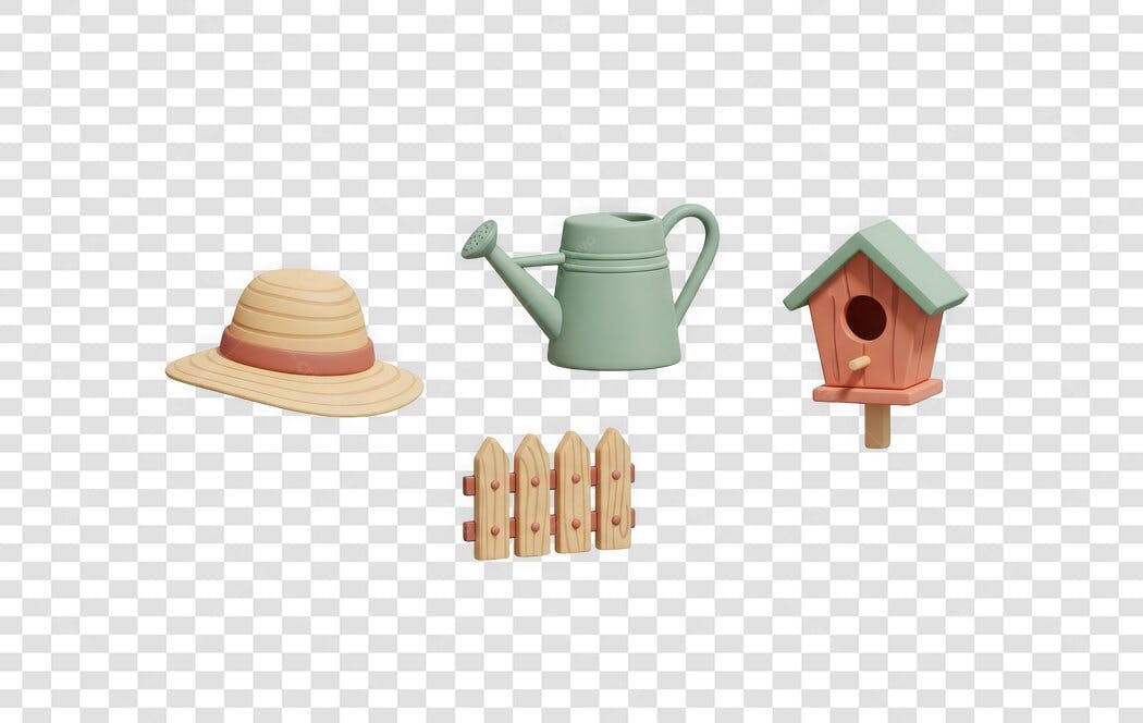 Elemento 3D Jardim Chapéu Regador Casinha Pássaro PNG Fundo Transparente