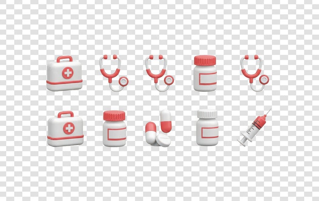 Elemento 3D Kit Médico Saúde Remédios PNG Fundo Transparente