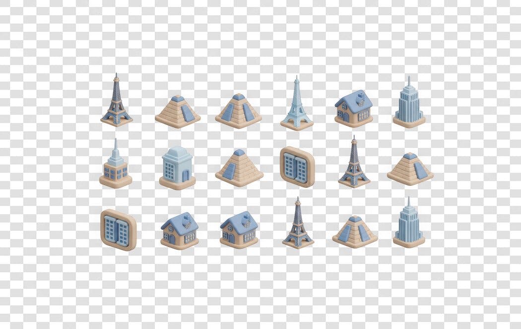 Elemento 3D Pontos Turísticos Mundo Isometrico PNG Fundo Transparente