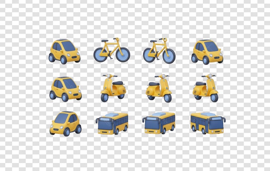 Elemento 3D Veículos Amarelos Carro Moto Bicicleta PNG Fundo Transparente