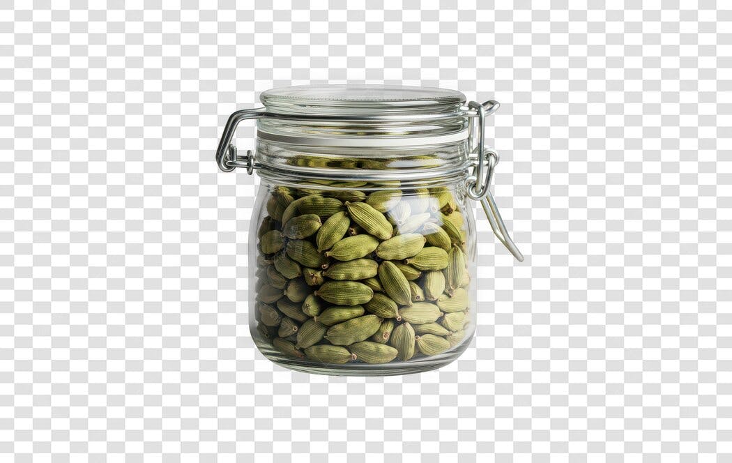 Foto Recortada Cardamomo Verde Pote Vidro PNG Fundo Transparente