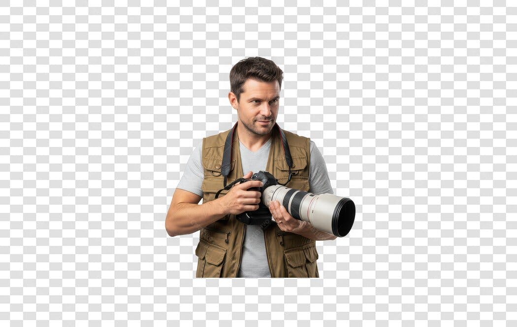 Foto Recortada Homem Fotógrafo Colete Câmera PNG Fundo Transparente