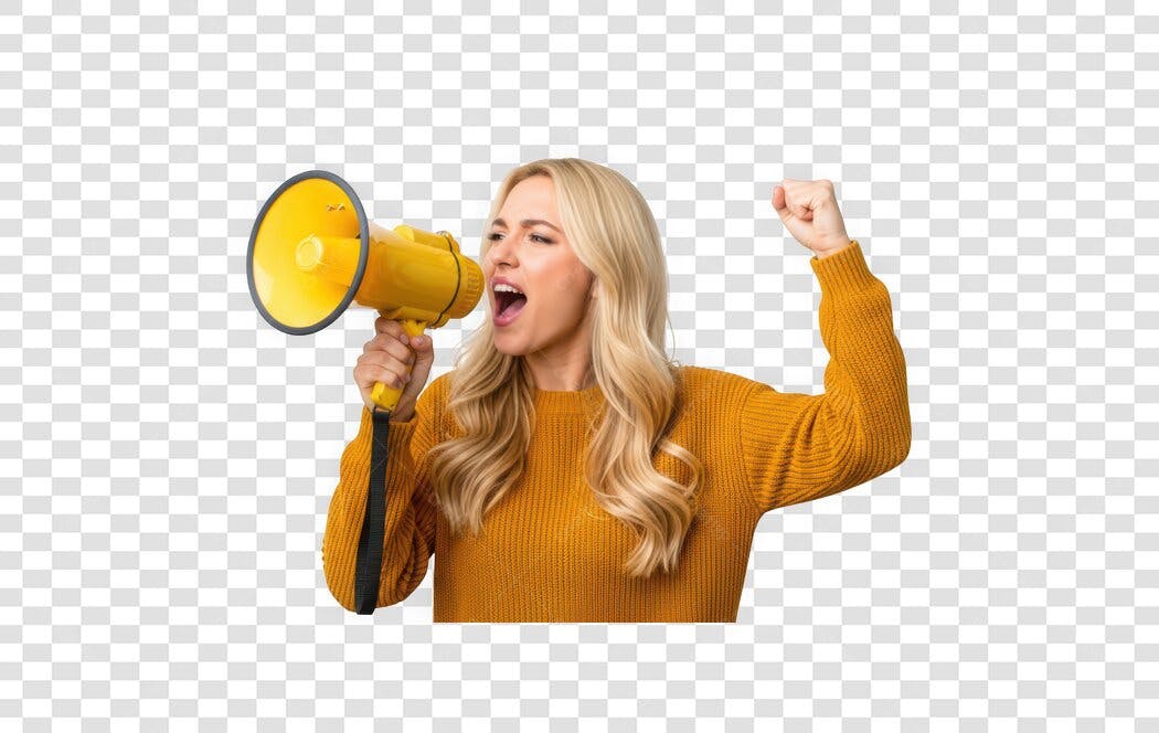 Foto Recortada Mulher Loira Gritando Megafone PNG Fundo Transparente
