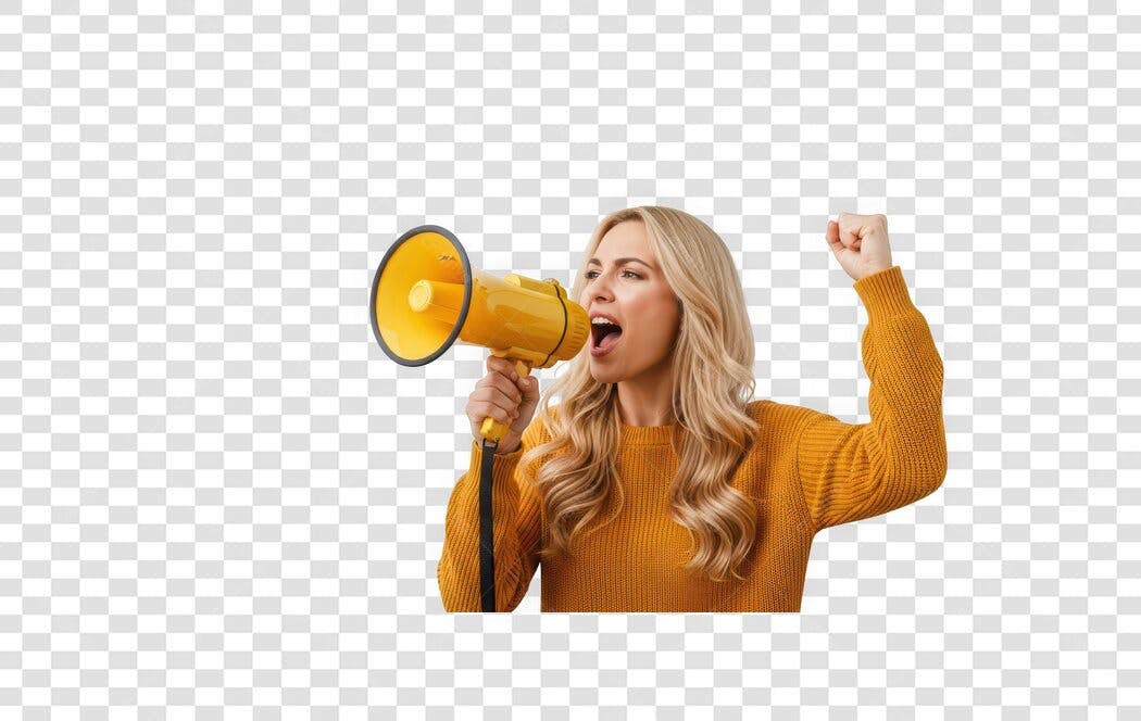 Foto Recortada Mulher Loira Gritando Megafone PNG Fundo Transparente