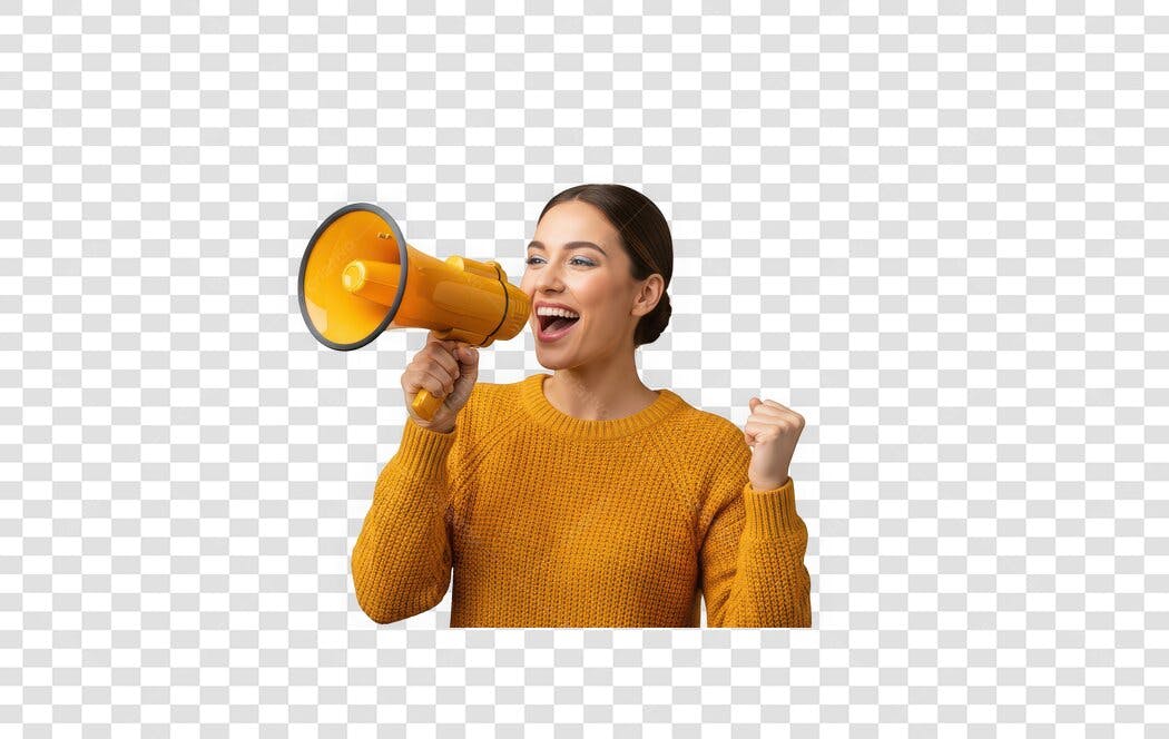 Foto Recortada Mulher Megafone Amarelo Anunciando PNG Fundo Transparente